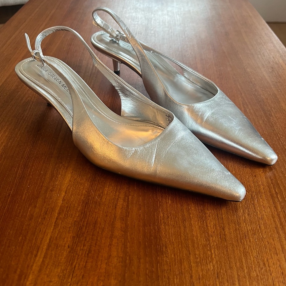 Zara x Steven Meisel Silver Slingback Kitten Heels
